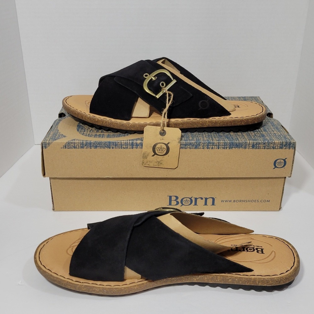 Born RIO Slide Sandals Womens 11 Black Suede Crisscross Buckle Slip on Comfort
